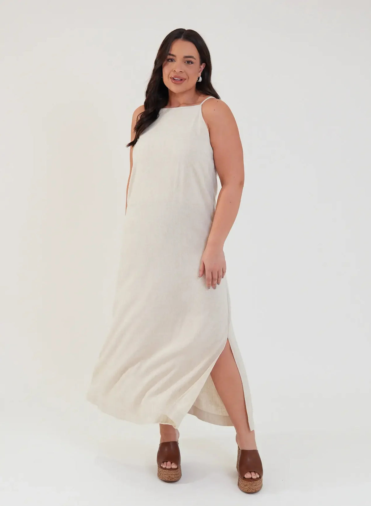 Vestido Midi Viscose com Linho Aurora Bege Natural