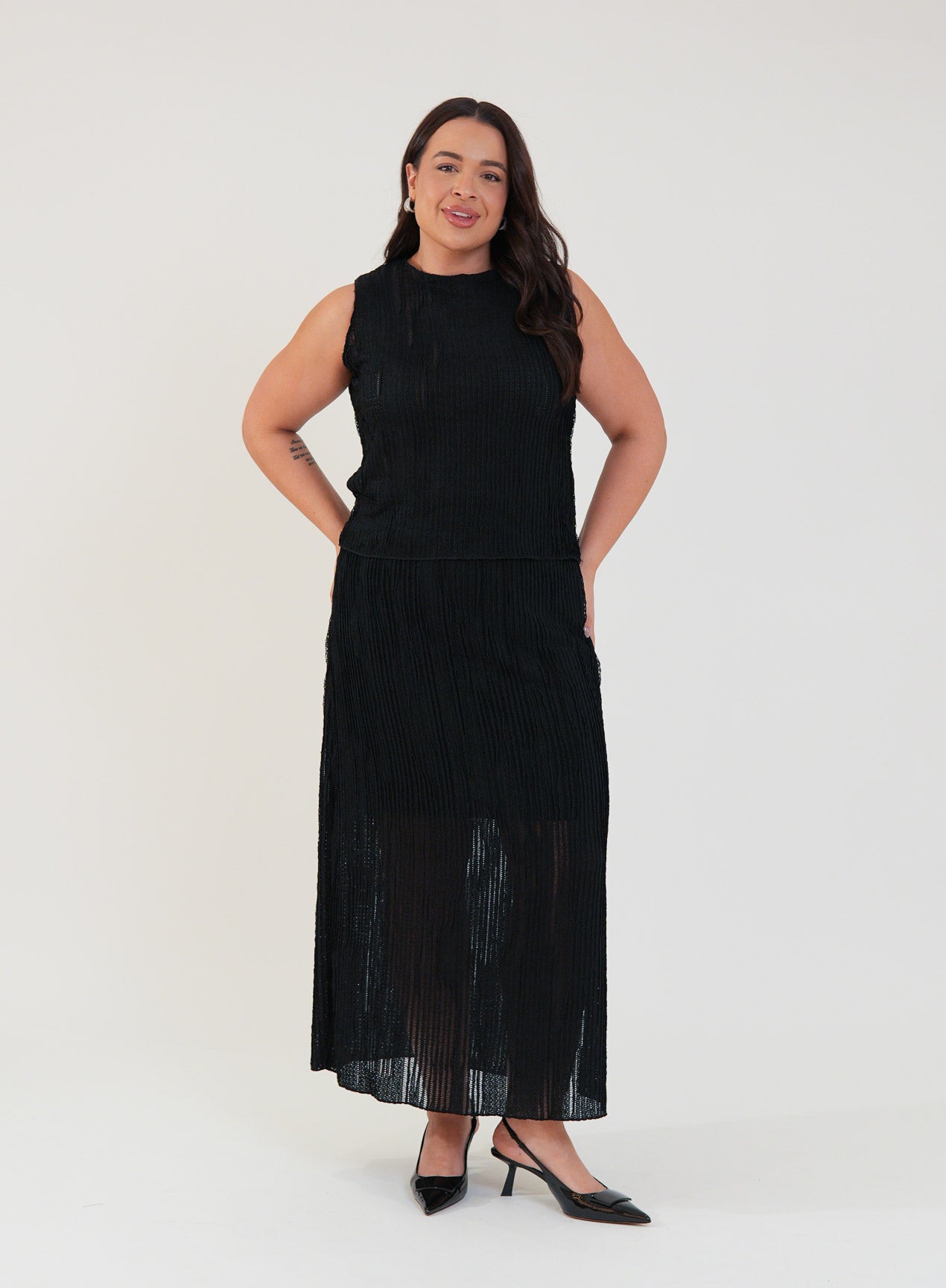 Saia Midi Renda Texturizada com Elastano Lívia Preta