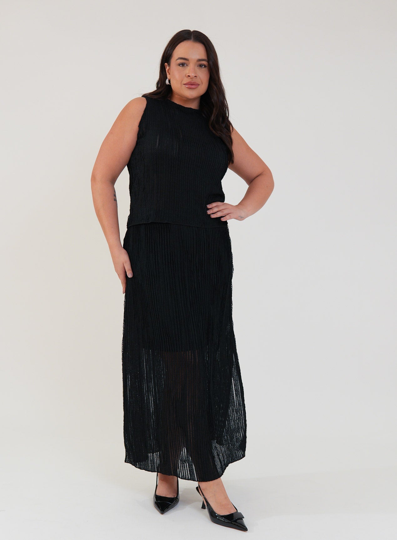 Saia Midi Renda Texturizada com Elastano Lívia Preta