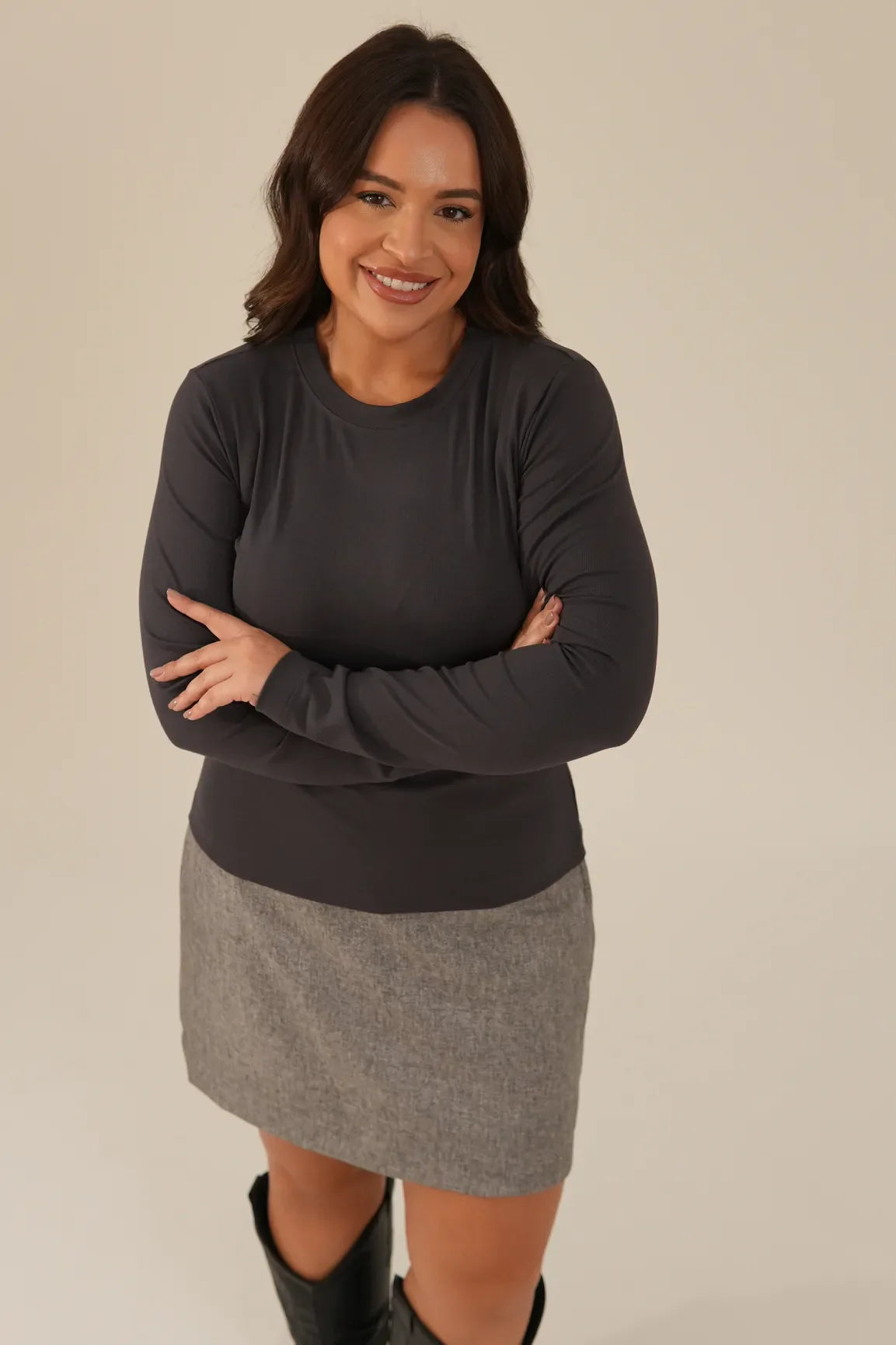 Blusa Malha Manga Longa Feminina Cinza Adriana